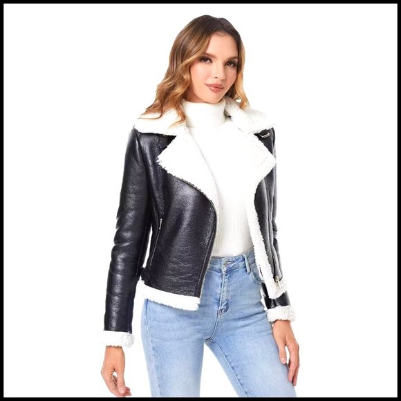 Faux Fur Lined Leather Jacket Winter Coat Warm Thick Moto Style Chic